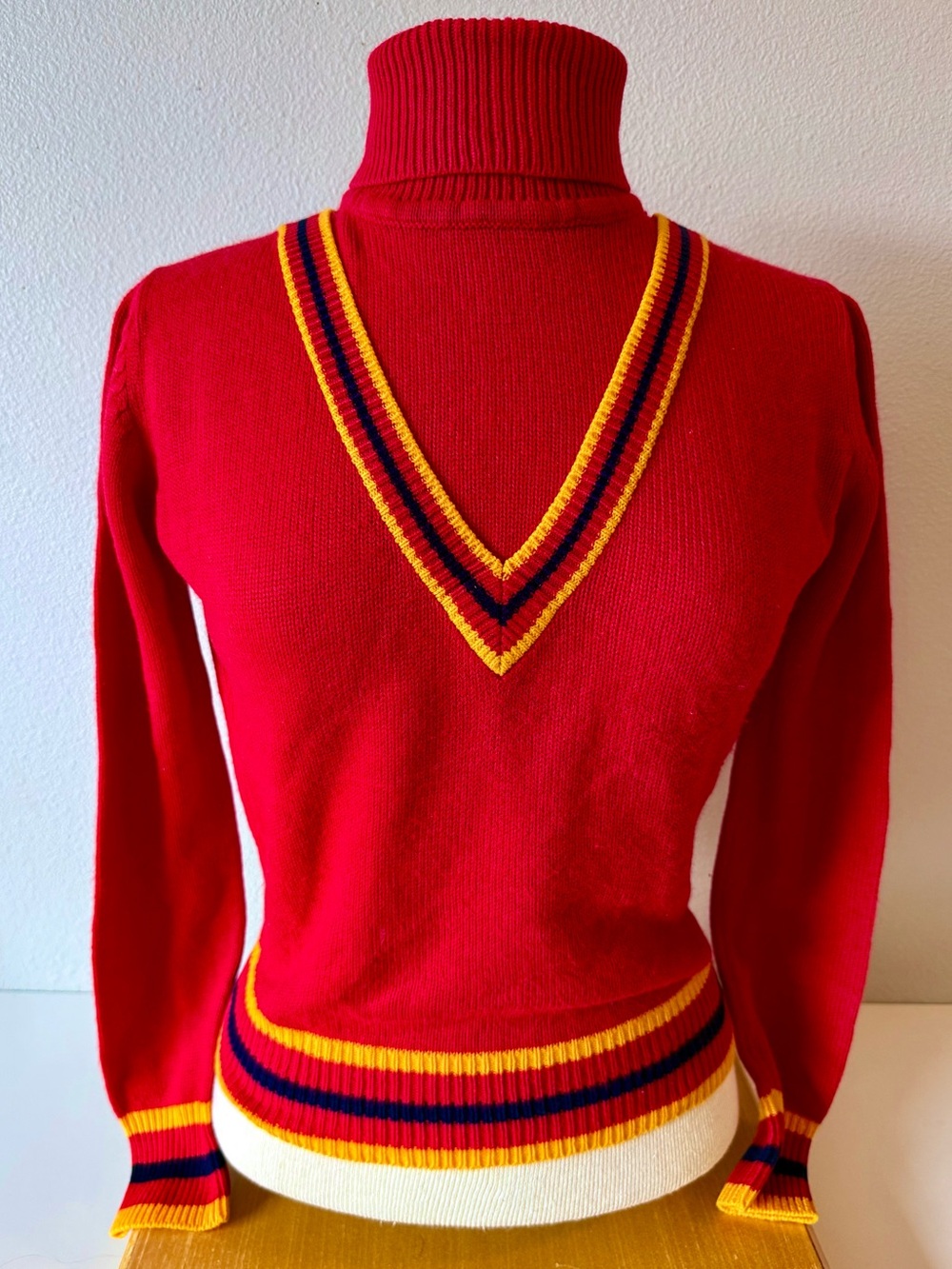 Vintage 1970s Harpees Red Turtleneck Sweater Striped V-Trim Back Zip Woman’s Med